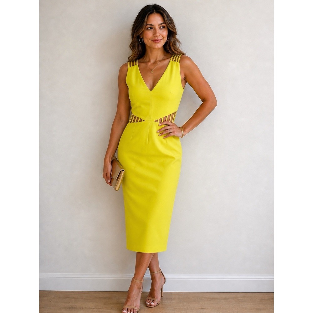 XOXO Yellow Cutout Midi Dress Strappy V-Neck Bodycon Small Modern Sleek Glam